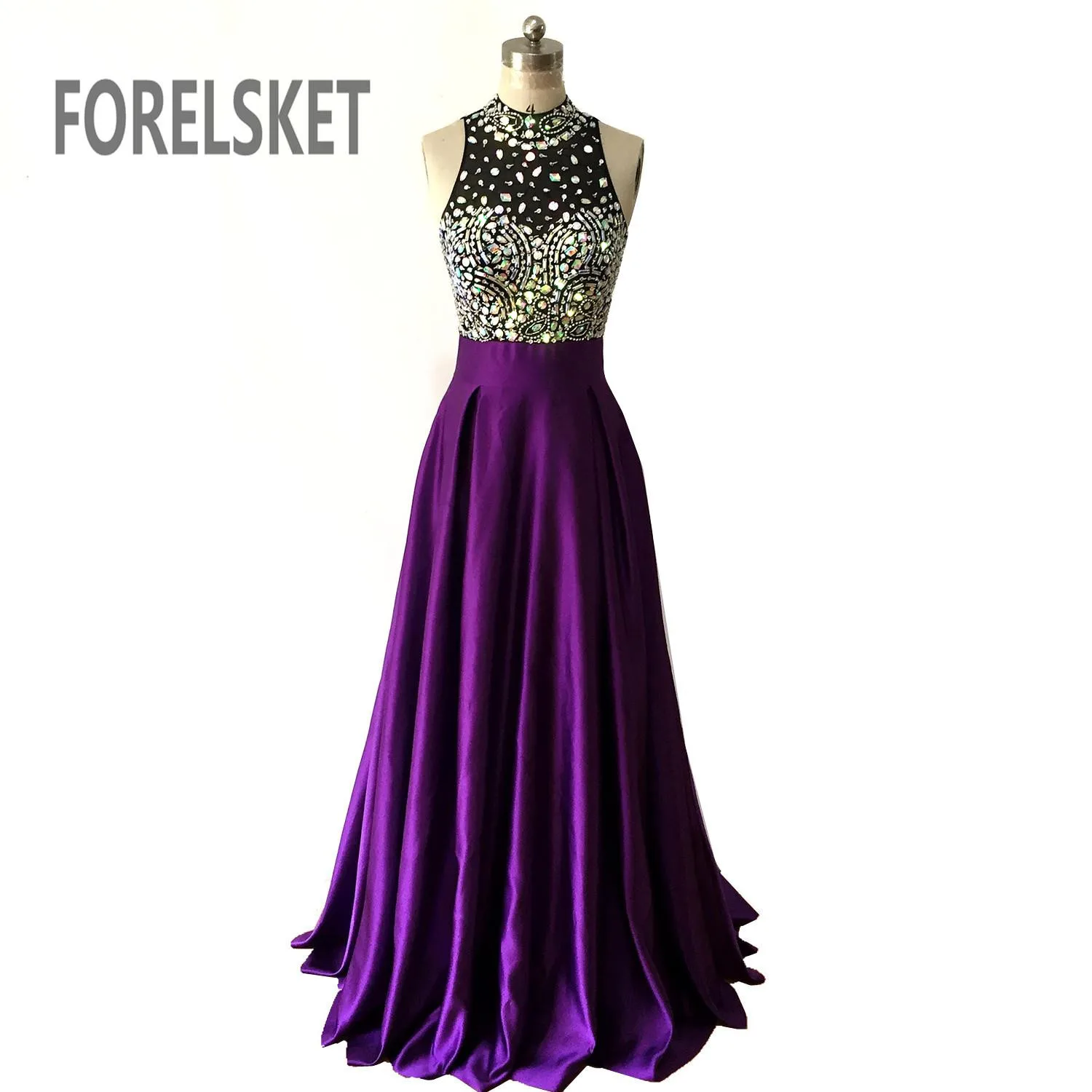 

Illusion Beading Satin Prom Dresses Backless 2020 Sequined Formal Evening Party Gowns Purple High Neck Robe De Soiree gala