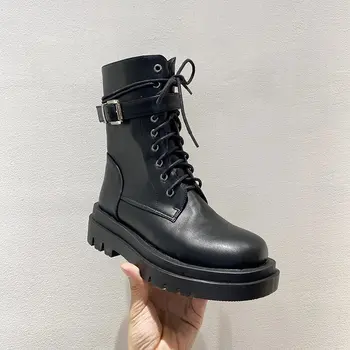 

Womens Autumn Boots 2020 New Fashion Hot Sale Women Shoes Round Toe Lace-Up Square Heel Platform Black Boots Botas De Mujer