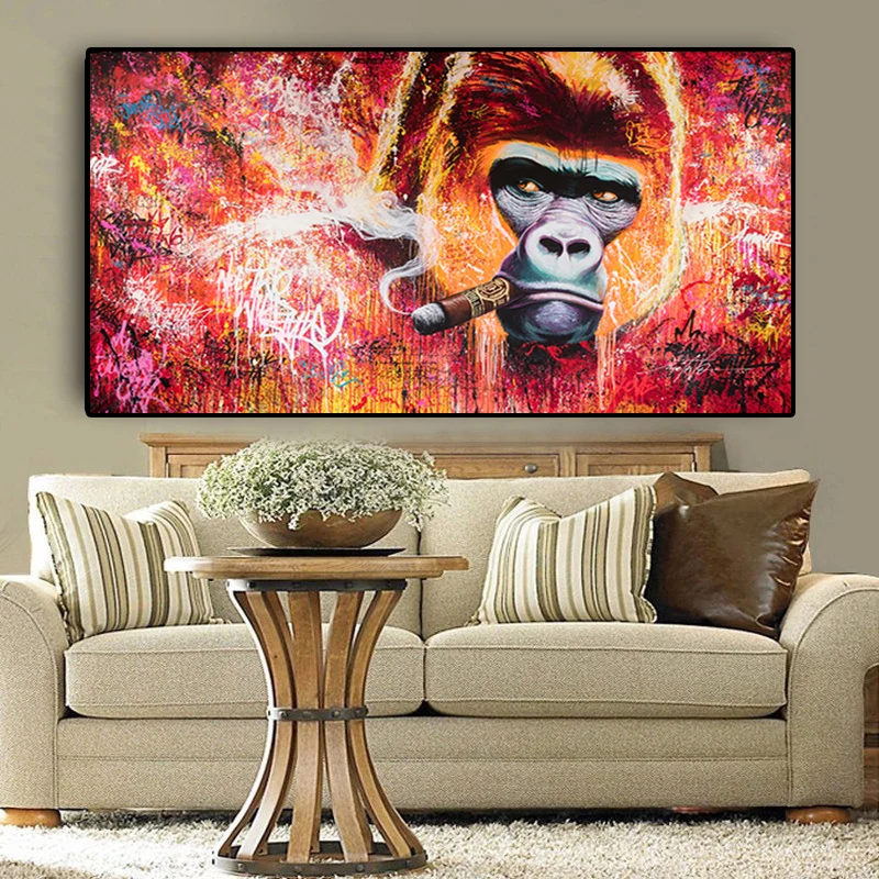 Graffiti Monkey Gorilla Smoking Oil Painting on Canvas Posters and Prints Cuadros Wall Art Pictures For Living Room | Дом и сад