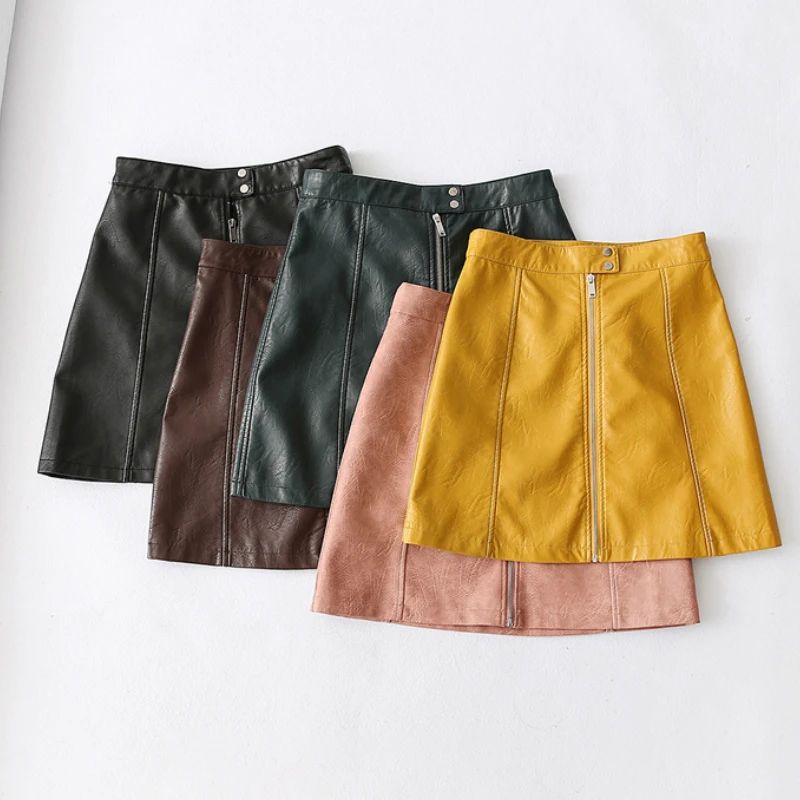 Осенние облегающие мини-юбки из искусственной кожи с высокой талией и молнией в стиле пэчворк, трапециевидная цветная короткая юбка из искусственной кожи