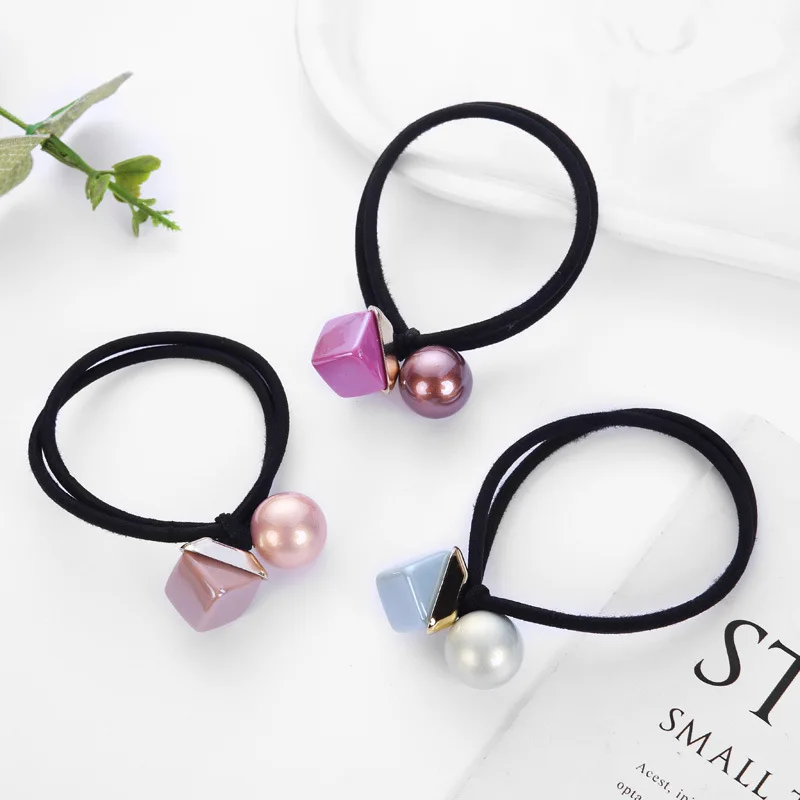 

New Cute Square Round Ball Beads Hair Ring Rope Candy Headband Scrunchie Female Headband Elastic Rubber Band For Women Girls