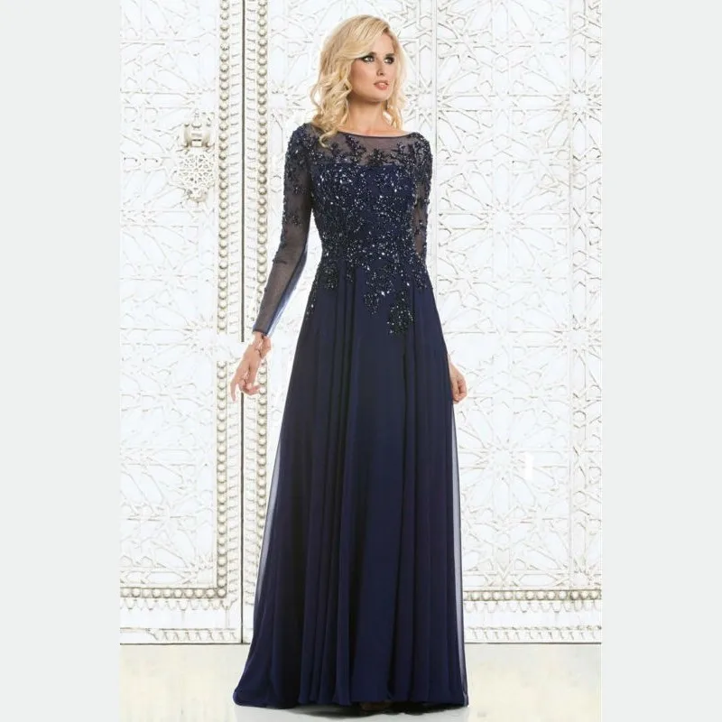 

2015 Elegant Long Sleeve Navy Blue Evening Dress Mother Of The Bride Dresses Beaded Chiffon Cheap Vestidos Women Formal Dress