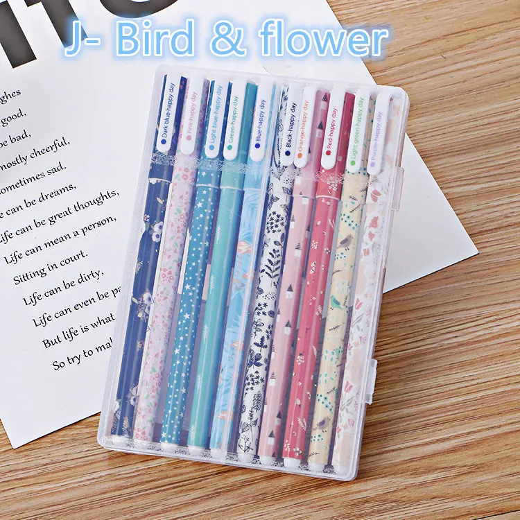 J- Birds and Flower 10 шт набор разноцветных шариковых ручек 0,5 мм, гелевые чернила для письма, рисования, милые животные, галактика, цветок, подарок школьнику A6230 - Цвет: J- Birds and Flower