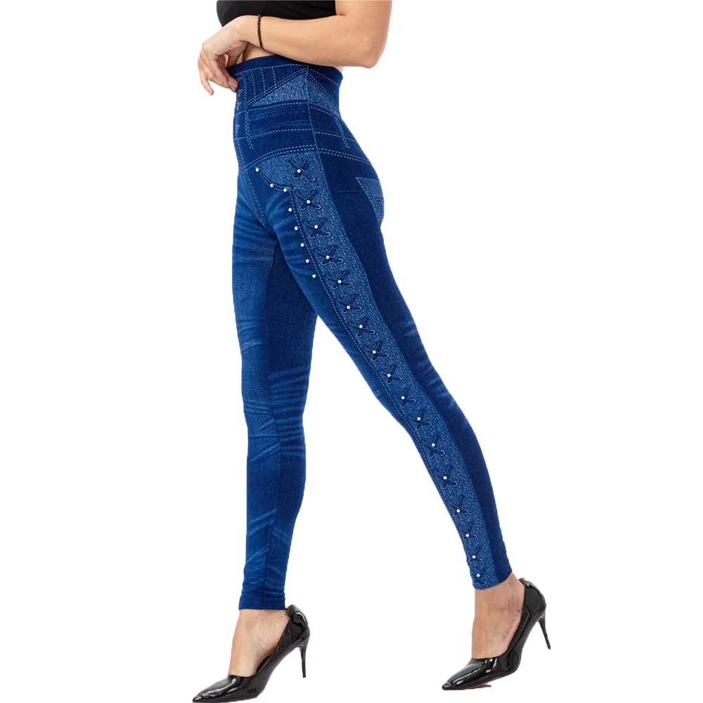 

3XL High Waist Faux Denim Jean Leggings Slim Elastic Seamless Skinny Pencil Pant Female Workout Running Leggings