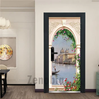 

Castle Boating 3D Door Sticker Modular Printing PVC Waterproof Mural Wallpaper Self Adhesive Decal Door Decoration Home Design