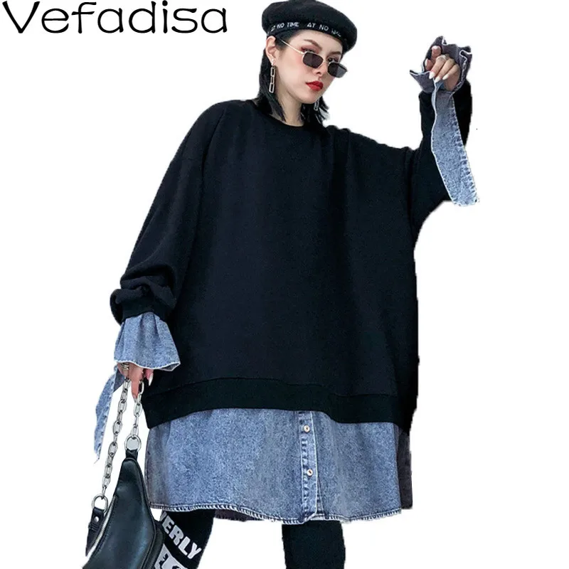 Vefadisa, джинсовые Лоскутные пуловеры, Женская Толстовка, зимняя толстовка с круглым вырезом, свободная черная толстовка, женская серая толстовка QYF1200