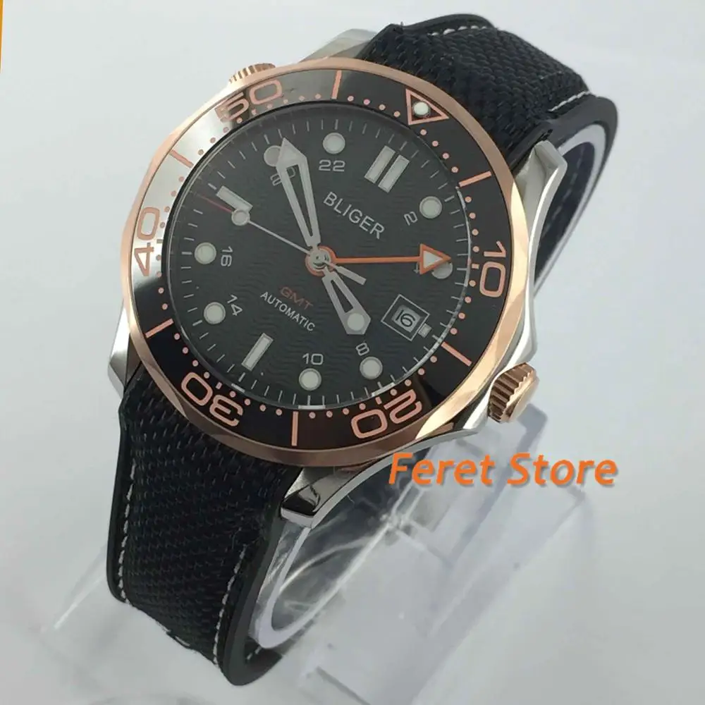Модные круглые BLIGER с автоматическим заводом мужские наручные часы GMT рука 41 мм сапфировое стекло черное окно с датой набора резиновый ремешок b36 - Цвет: style 1