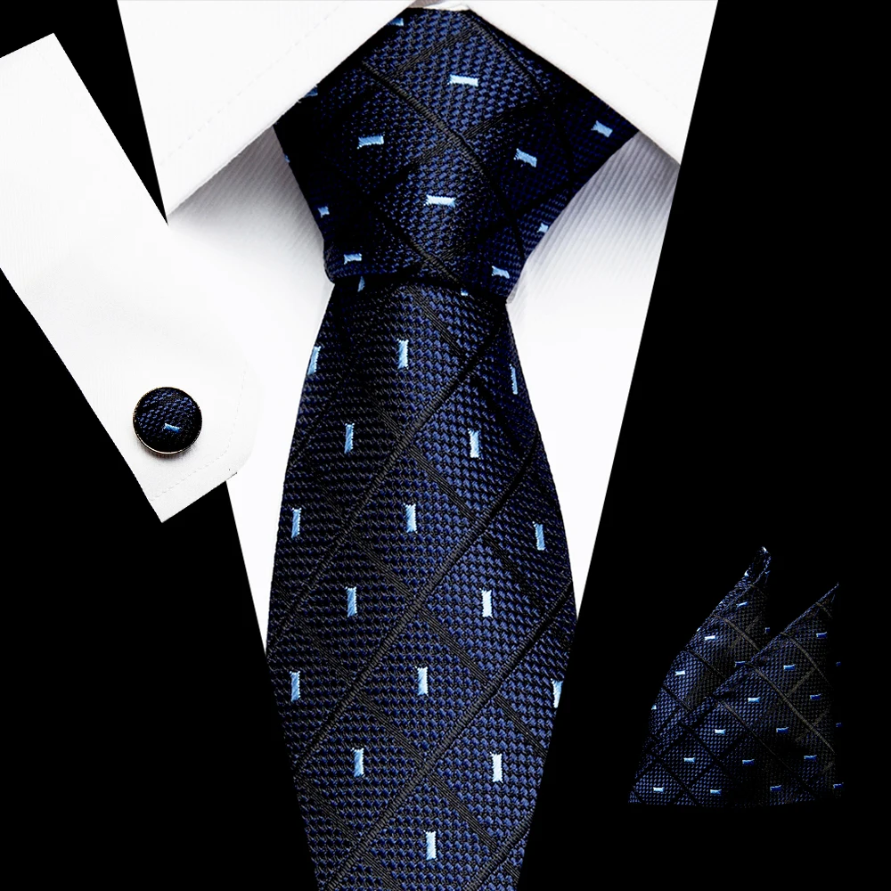 

7.5 cm Classsic 100% Silk Tie Set for Men Plaid Necktie Sets Cufflik Pocket Square2019 Mens Suit Tie Handkerchief