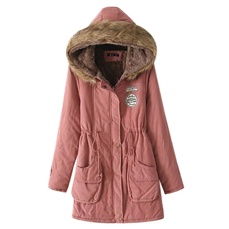 Oeak модная длинная приталенная Женская куртка модная Теплая стеганая куртка парка с карманами женская зимняя куртка с длинным рукавом и капюшоном - Цвет: Розовый