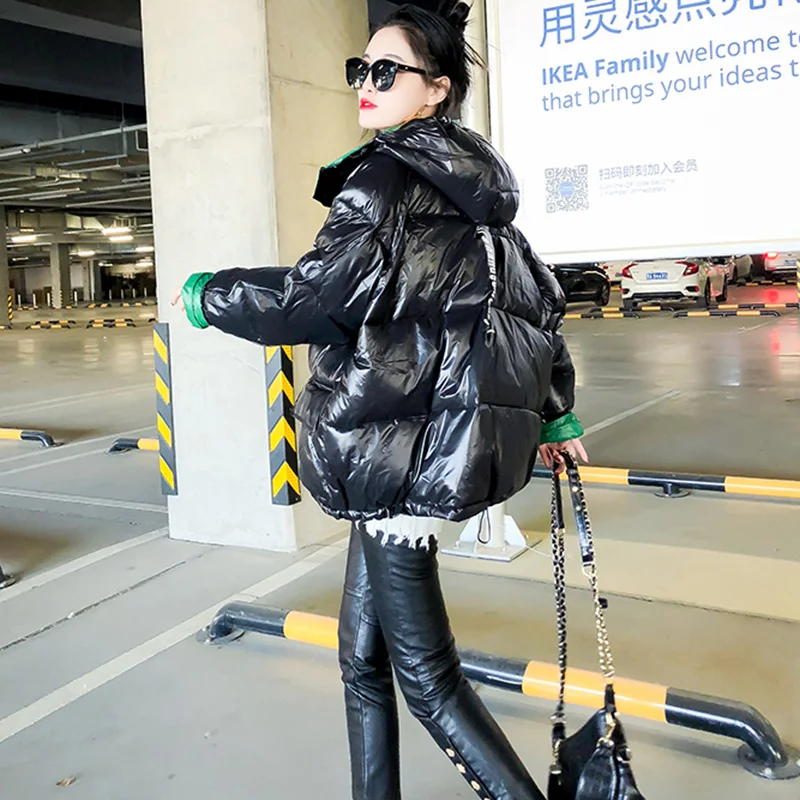 Глянцевая зимняя стеганая куртка для женщин Harajuku Большие Лоскутные пальто средней длины куртка с буквенным принтом свободные парки с капюшоном