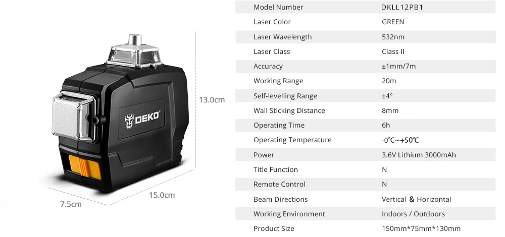 DEKO DKLL12PB1 360 Degrees Rotary Tilt Laser Level Vertical Horizontal 12 Lines Indoor&Outdoor Mode Self Leveling Measuring Tool