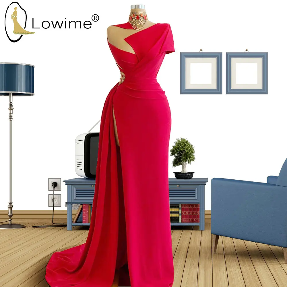 

Longue Formal Dress Simple Rose Red Evening Dresses Beaded High Collar Split Mermaid Party Dress 2020