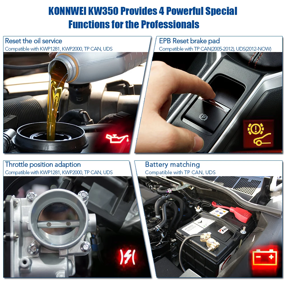 big car inspection equipment KONNWEI KW350 obd2 Scanner Automotivo For VW Audi Skoda Seat Full system diagnose SRS ABS EBP Oil Reset ODB Car Diagnostic Tool automotive battery charger