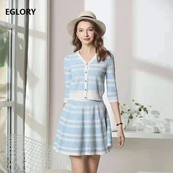 

High Quality New 2019 Autumn Cardigan Sweater Suits Women V-Neck Geometric Patterns Cardigan Jacket+Knitted Skirt Sets Casual