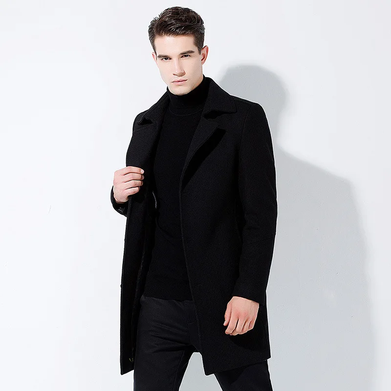 

Men's woolen overcoat medium-length men's windbreaker black woolen overcoat men's woolen overcoat handsome woolen overcoat