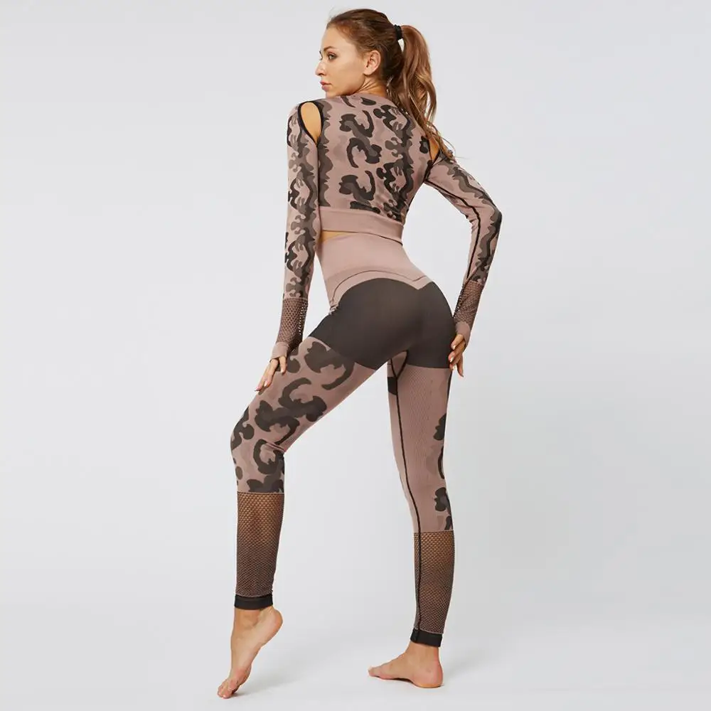 

2020 Sports Suits Womens Seamless Gym Yoga Sets Camouflage Hollow High-waist Running Sportswear Fitness Workout Clothing 2pcs