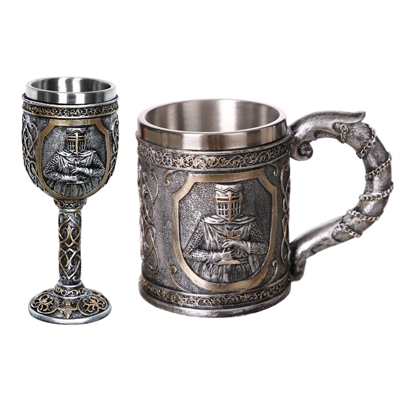 

New 2 Pcs Medieval Templar Crusader Knight Mug Suit Of Armor Knight Of the Cross Beer Stein Tankard Coffee Cup, Mug & Wine Cup