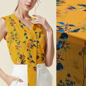 

114CM Wide 14MM Foral Print Thin Blue Yellow Silk Crepe De Chine Fabric for Summer Dress Shirt Cheongsam Pants Pajamas B147