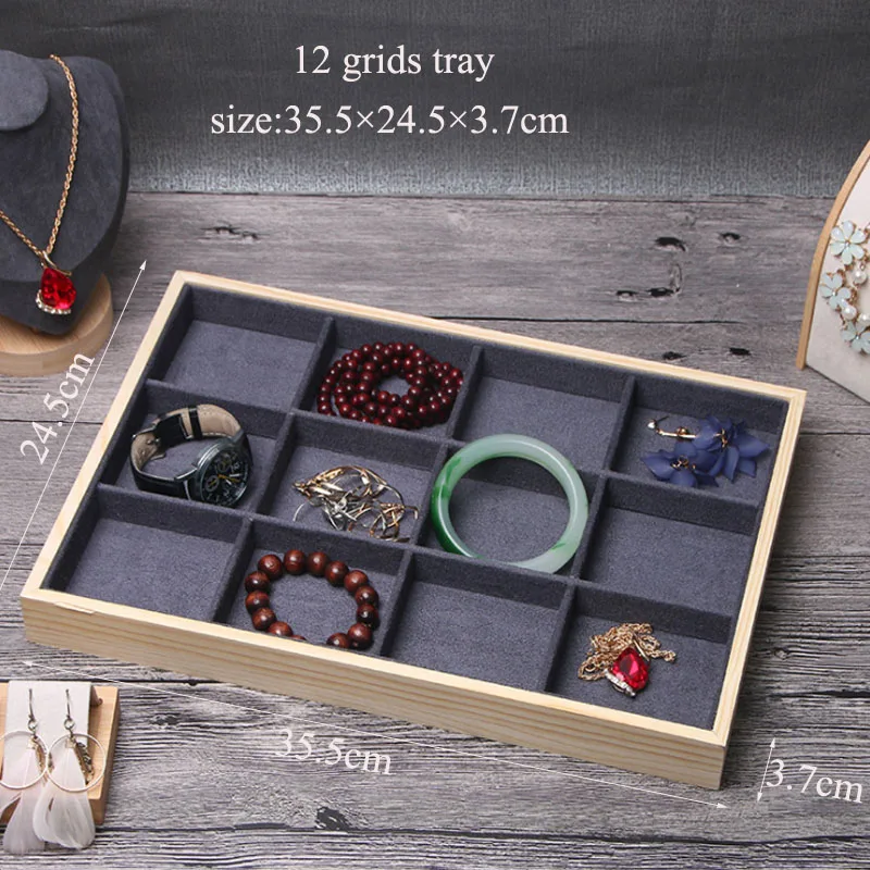 New Wooden Earrings Rangement Packaging Jewellery Display Deep Gray Suede Nap Necklace Ring Jewelry Tray Jewellery Box Organizer
