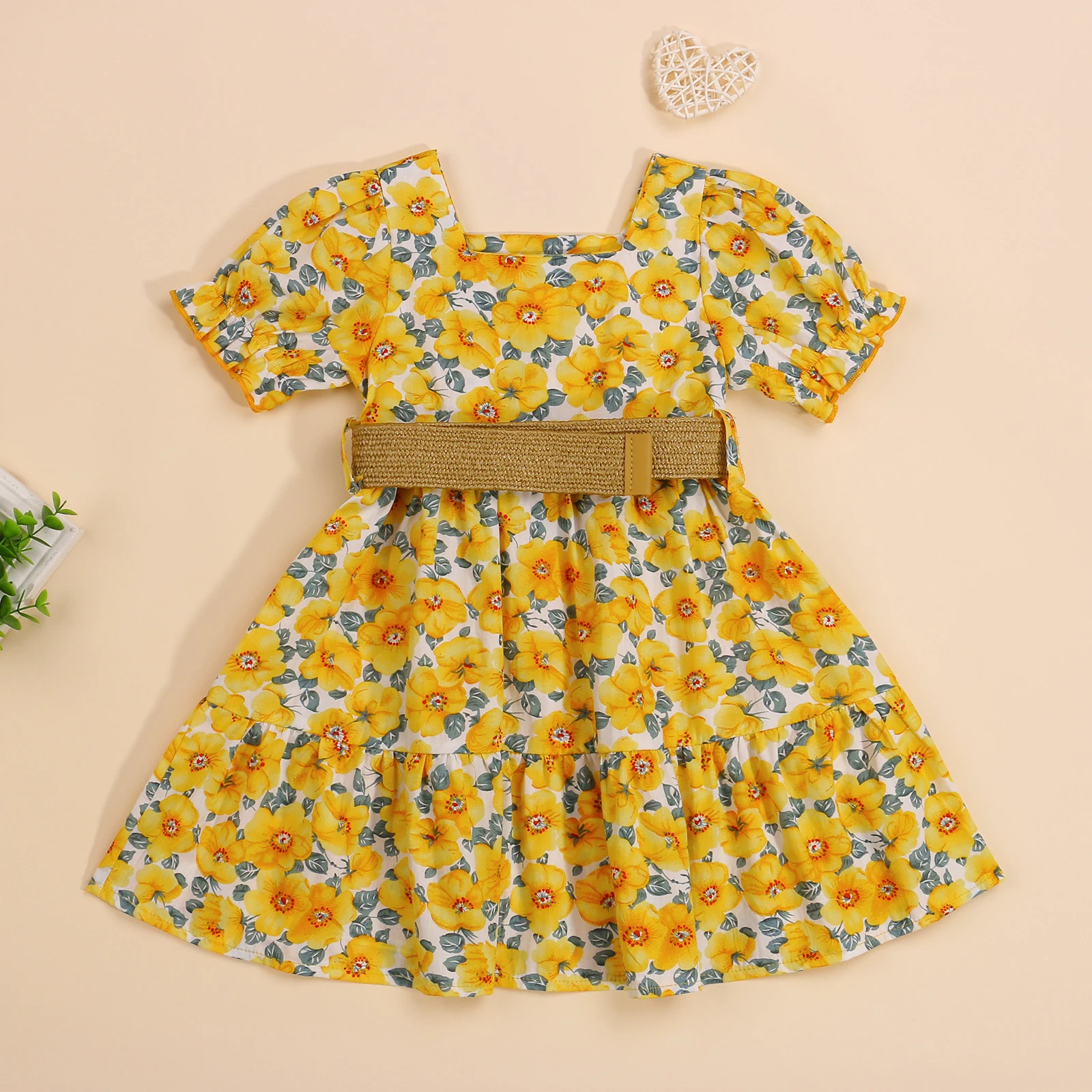 1-6Years Toddler Girls Casual Clothes Yellow Square Collar Short Sleeve Dress and Waistband
