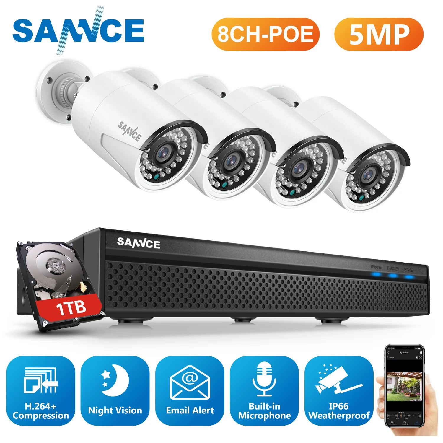 Сетевая система безопасности SANNCE 8 каналов 5 Мп HD POE МП H.264 + NVR 4X 30 м EXIR IP камера с