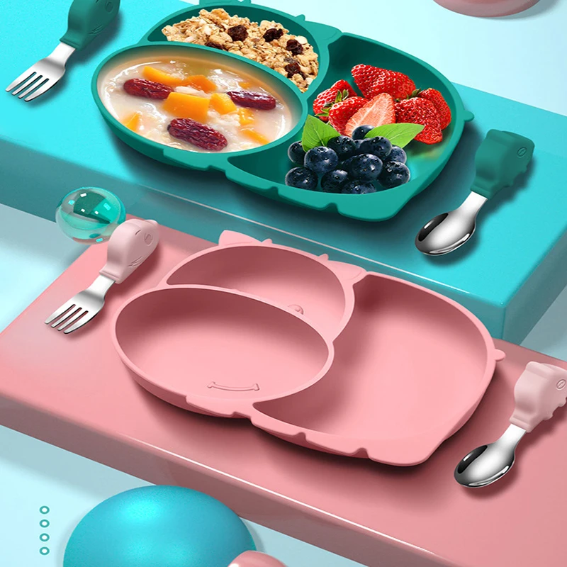 

Children's Supplementary Food Plate Set Microwave Heating Plate Food Grade Silicone Suction Cup Integrated Bowl + Spoon + Fork