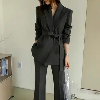 

Female Two Piece Open Front Blazer and Pant Set 2020 New Korean Bussine Women Noble Belted Blazer Jacket 2 Pieces Suit