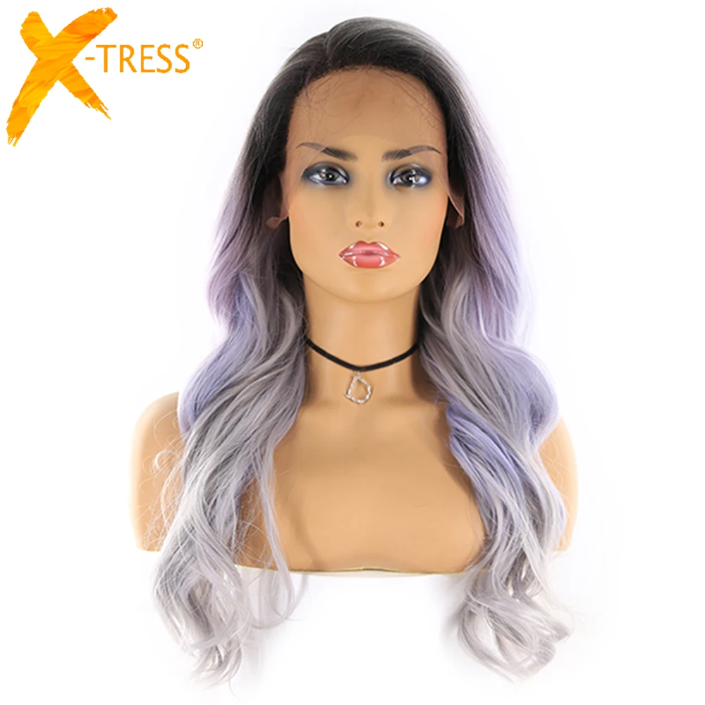 Dianteiras do Laço com Peruca Resistente ao Calor da Fibra do Cabelo do Bebê Peruca do Laço Perucas Sintéticas X-tress Ombre Brown Longo Ondulado 13×4 Meio – Parte Livre