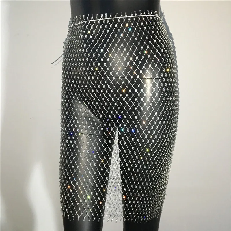 Shiny Rhinestone Fishnet Grid Empire Solid Mini Skirt Summer Beach Sexy Hollow Out Cover Up Luxury Celebrity Above Knee Skirts black midi skirt