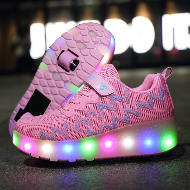 

2020 Fashion LED Pink Black Heelies Shoes Breathable Children's Two-Wheel Shoes Detachable Kids Single Wheel Roller Skates 28-43