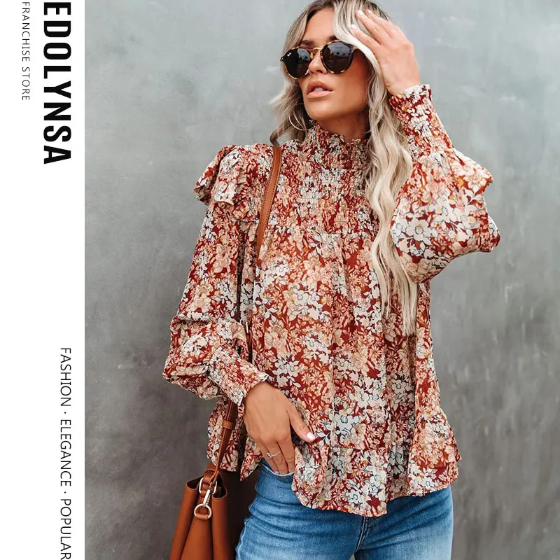 

New 2020 Elegant Turtleneck Romantic Small Floral Female Top Vintage Sweet blouse women pleat lantern sleeve Ladies Top Y30