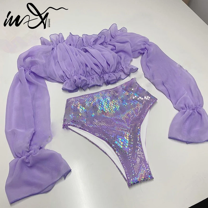 In-X Long mesh sleeve bikini set 2020 Sexy shiny swimsuit female High waist bikini Bandeau strapless swimwear women bathing suit In-X Long mesh sleeve bikini set 2020 Sexy shiny swimsuit female High waist bikini Bandeau strapless swimwear women bathing suit