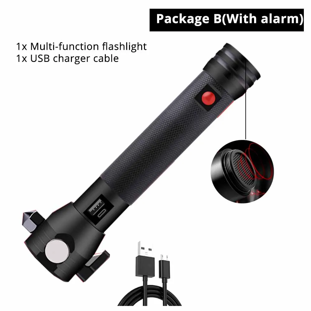 USB Rechargeable Solar LED Flashlight Multi-function Emergency Torch Safety Hammer Mobile Power Compass for Outdoor Activities - Emitting Color: With alarm-B