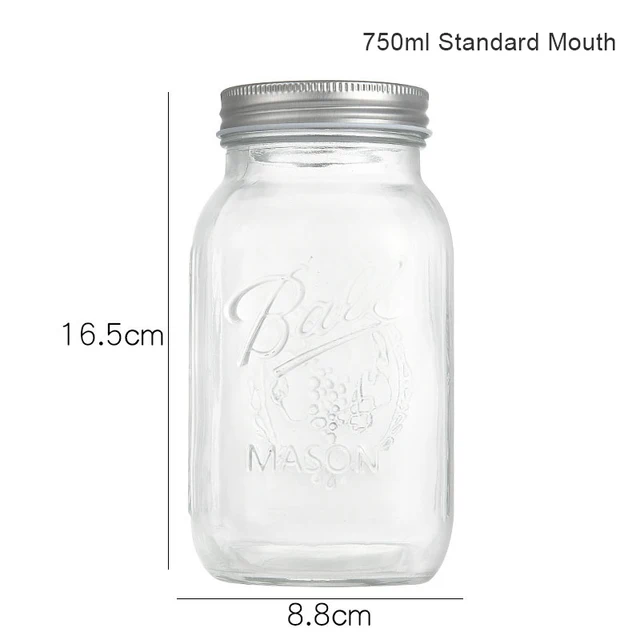 GF Mason Jars with Airtight Lids Glass Sugar Container for Canning Preserving Meal Prep Jam Jelly Kitchen Storage Containers Standard Mouth-750ml