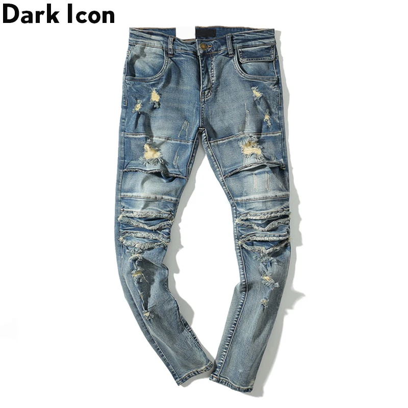 Темные иконы, винтажные синие джинсы в стиле хип-хоп, мужские облегающие рваные джинсы, мужские уличные модные джинсы, уличная мода