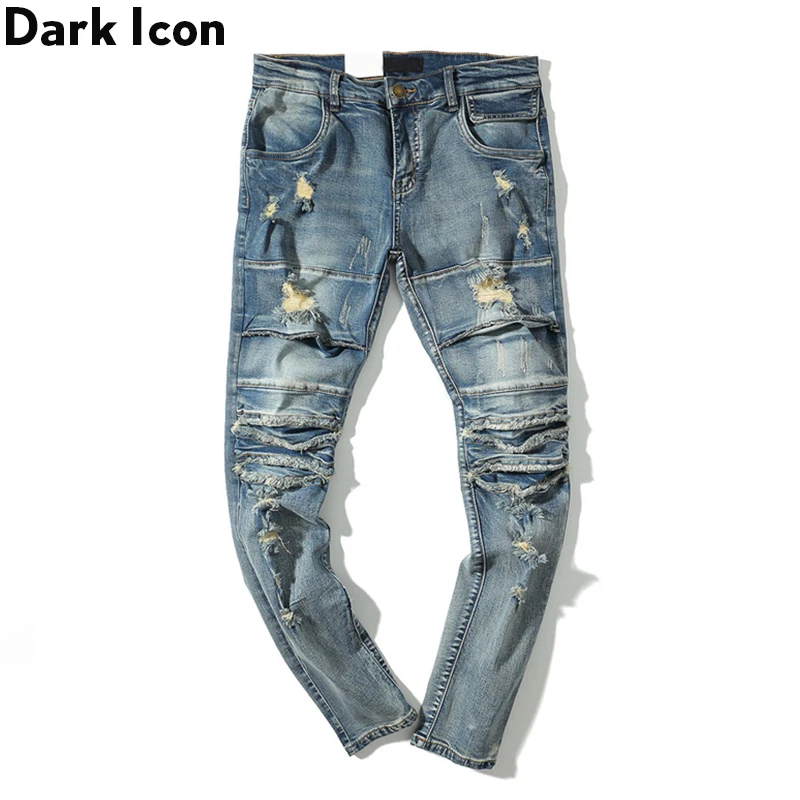 Джинсы Dark Icon Мужские Винтажные рваные джинсовые брюки Slim Fit в стиле хип-хоп