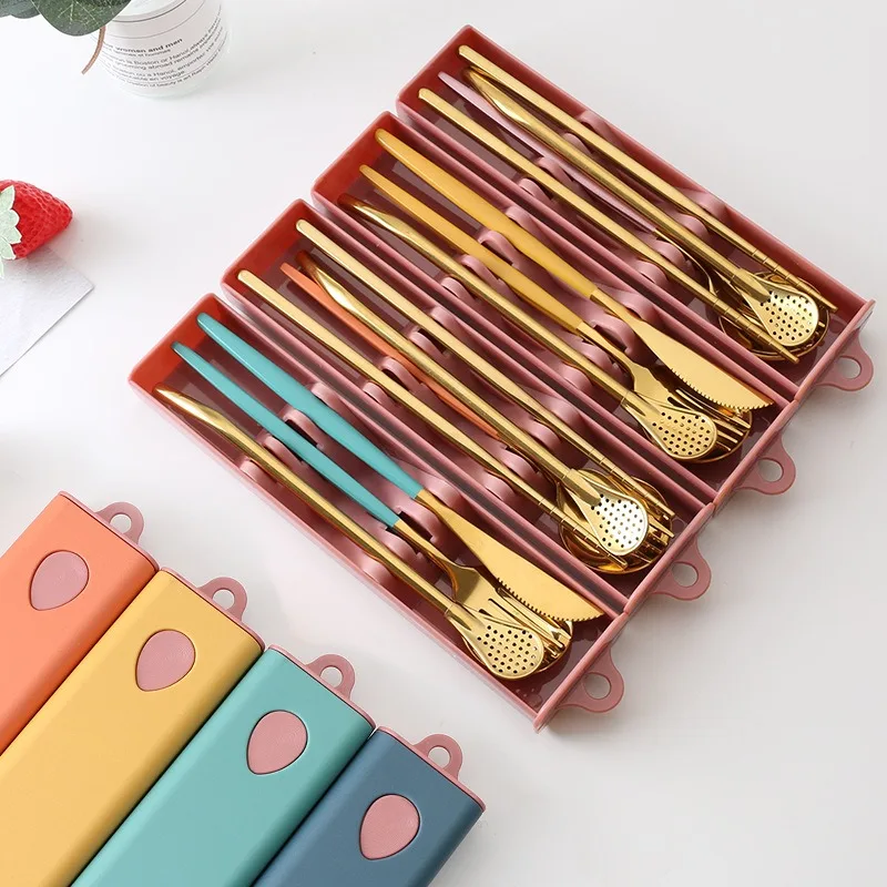 3PCs/4PCs Glossy Stainless Steel Tableware Spoon Fork Knife Straw Reusable Travel Cutlery Set Camp Utensils Set Portable Case