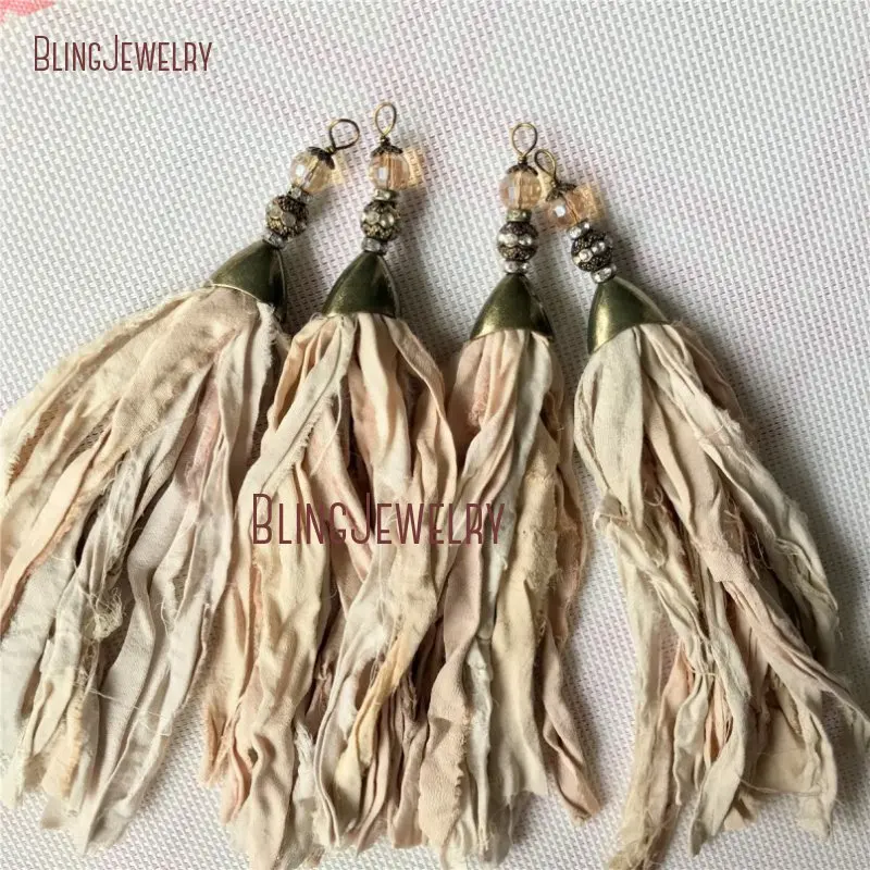 

10pcs Antique Bronze Cap Crystal Ball Accent Beige Sari Silk Tassel Necklace Pendant Boho Bohemian Jewelry Supply Charms