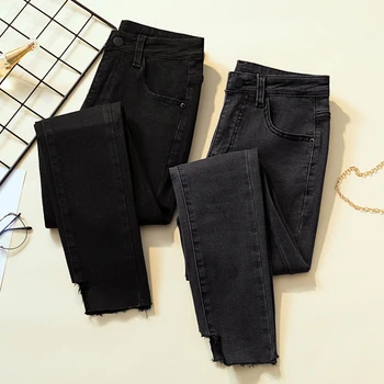 

Women high waist elastic pencil jeans fashion wild irregular fringed denim plus size 4XL casual skinny ankle-length jeans women