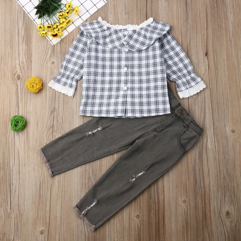 Girls Clothes 2 3 4 5 6 7 Years Sweet Lace Ruffle Long Sleeve Plaids Shirt Tops Jeans Pants Outfits 2pcs set Kids Baby Clothing