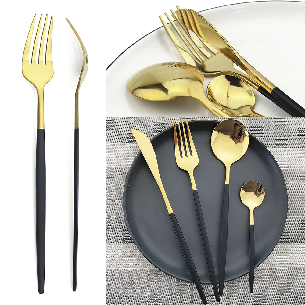 Cutlery Set Dinnerware Set Dinner Knife Fork Spoon Tableware Set Stainless Steel Flatware Silverware Wedding Hotel Glossy Black Cutlery