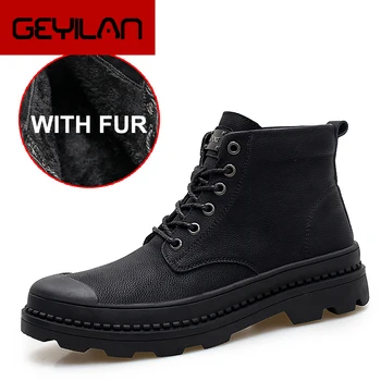 

New Man Martins boots Genuine Leather lace-up Work boots Man Military boots winter warm with fur male Black army Boots 096