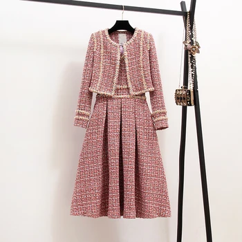 

Autumn Two Piece Set Women Tweed Short Jacket Coat + Beading Vest Dress Elegant Pearl Plaid Tweed Party Dress Office Lady A185