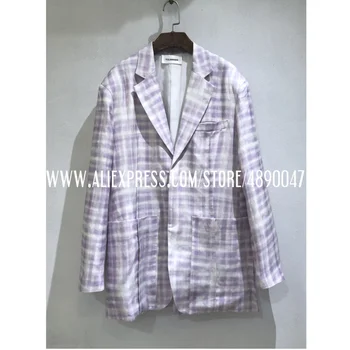

2020 women's jacket casual street one-piece suit Lavender purple plaid cotton linen texture profile pocket suit jacket women