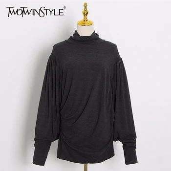 

TWOTWINSTYLE Casual Ruched Shirt For Women Turtleneck Lantern Sleeve Large Size Solid Blouse Female 2020 Autumn Fashion New Tide