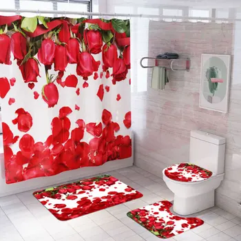 

1/3/4pc Waterproof Creative Print Shower Curtain Toilet Seat Cover Set Bathroom Decorations new