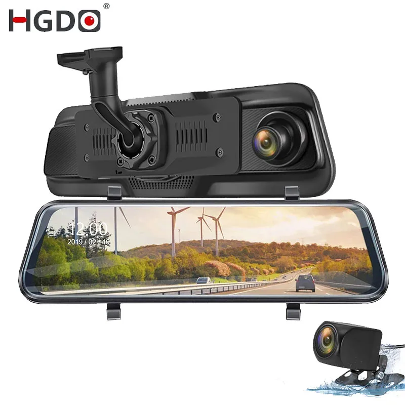 HGDO 10" Touch Car DVR Streaming RearView Mirror Camera Dual Lens Video Recorder Dash Camera FHD 1080P Auto Registrator Dash Cam