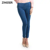 Для женщин джинсовые узкие леггинсы стрейч поддельные передний карман средней талией промывают синий тонкий эластичный Леди Джинс
