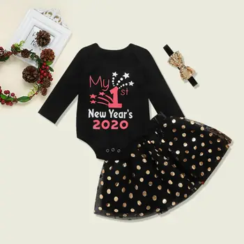 

CANIS My First New Year Newborn Baby Girl Long Sleeve Letter Printed Bodysuit Tops Skirt Headband Cotton Clothes