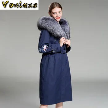 Billig 2020 Winter Jacke Frauen Lange Parka Echt Mantel GroĂe WaschbĂ€ren Pelz Kragen Kapuze Stickerei Parkas NatĂŒrliche Kaninchen GefĂŒttert Oberbekleidung